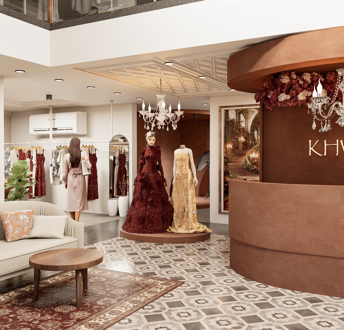 High-end apparel boutique — tactile plaster walls and gallery spotlighting, Chemmad
